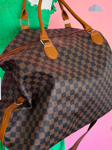 Round Brown Checkered Overnight Duffle