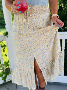 Pastel Yellow Floral Midi Skirt